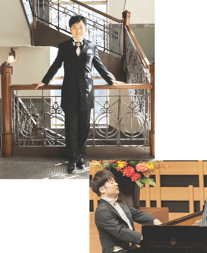 階段で微笑む正装姿のピアニストと、STEINWAYのグランドピアノを弾く演奏シーン